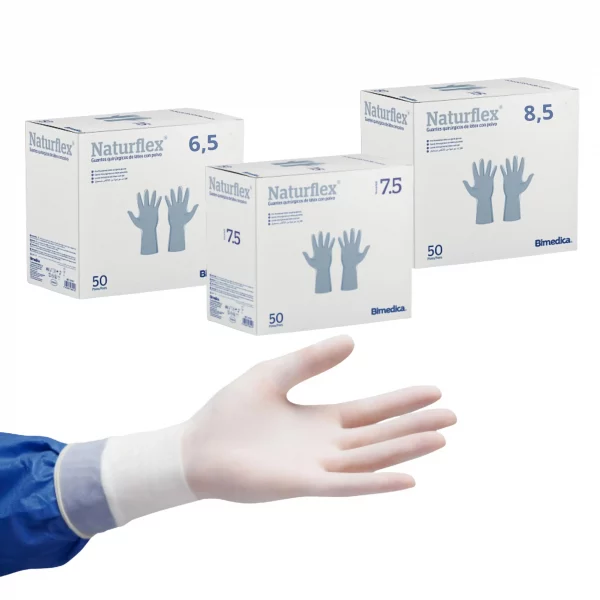 Guante de látex estéril quirúrgico Bimedica en talla 6,5, 7,5 u 8,5 – caja de 50 pares