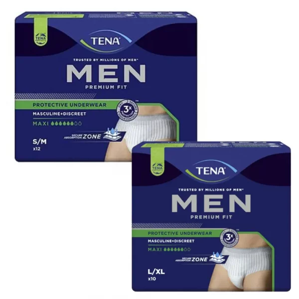 Ropa interior absorbente masculina Tena Men Premium Fit Maxi diseño tipo boxer azul marino