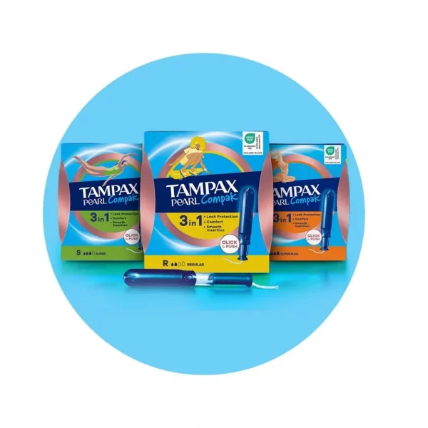 Variedad de tampones Tampax Compak Pearl en tallas Regular Super y Super Plus