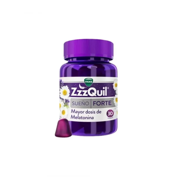 Frasco de 30 gominolas ZzzQuil Sueño Forte con dosis alta de melatonina 1.7 miligramos