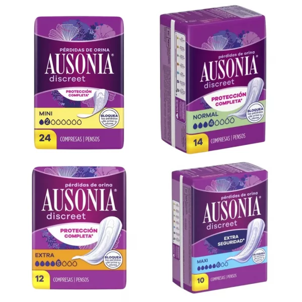 Variedad de compresas Ausonia Discreet para pérdidas de orina en diferentes tallas