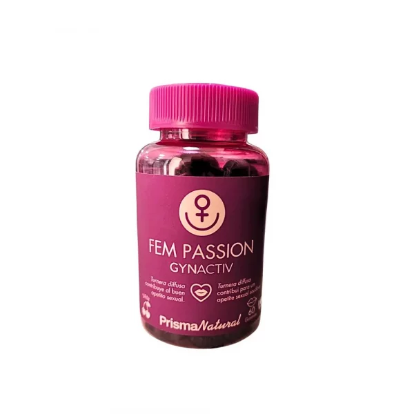 Envase de Prisma Natural Gynactiv Fem Passion 60 gummies vitalidad y bienestar íntimo mujer.