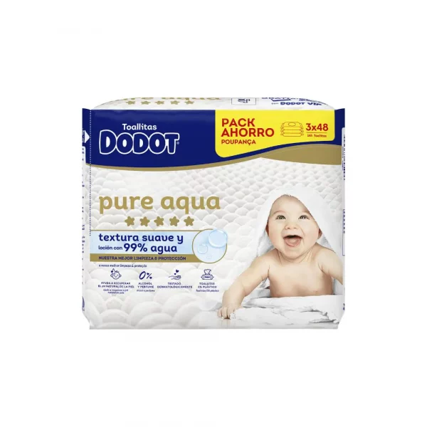 Dodot Aqua Pure pack ahorro 3x48 toallitas bebé piel sensible 99% agua