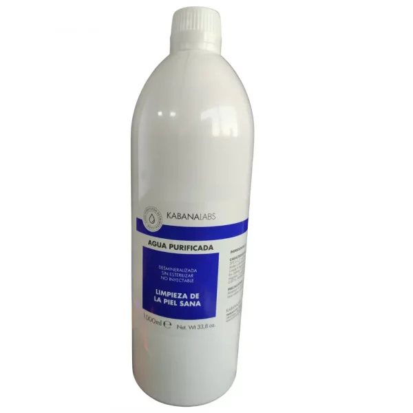 Botella de 1L de Agua Purificada Kabanalabs para uso cosmético y técnico.