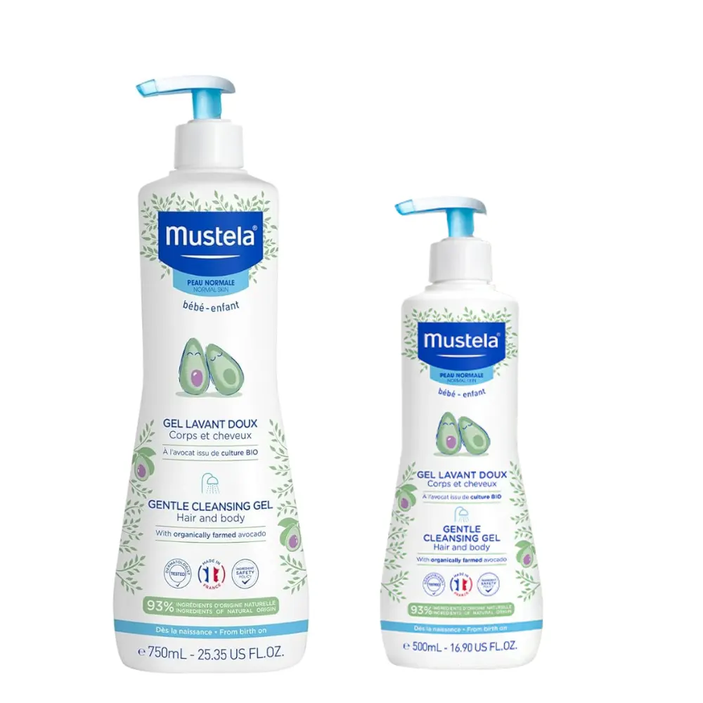 Gel de baño suave Mustela para cuerpo y cabello formatos 500ml y 750ml con aguacate.