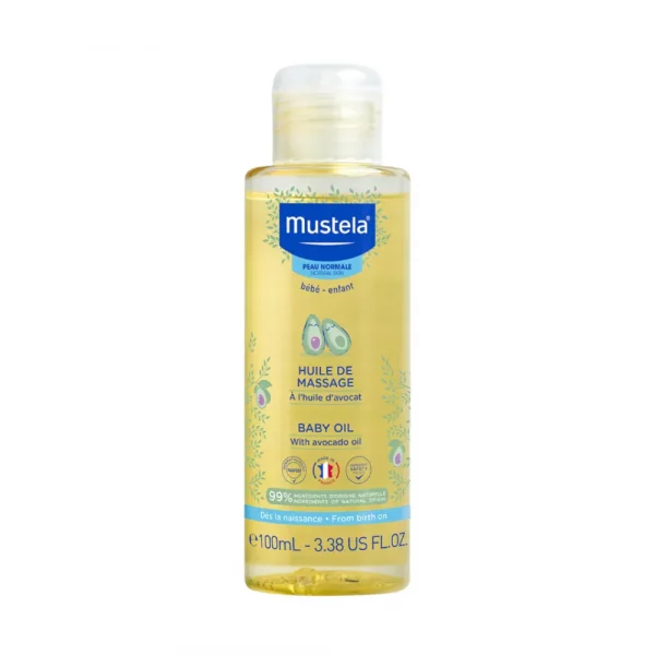 Frasco de Mustela Aceite de Masaje 100ml con detalles en azul y amarillo.