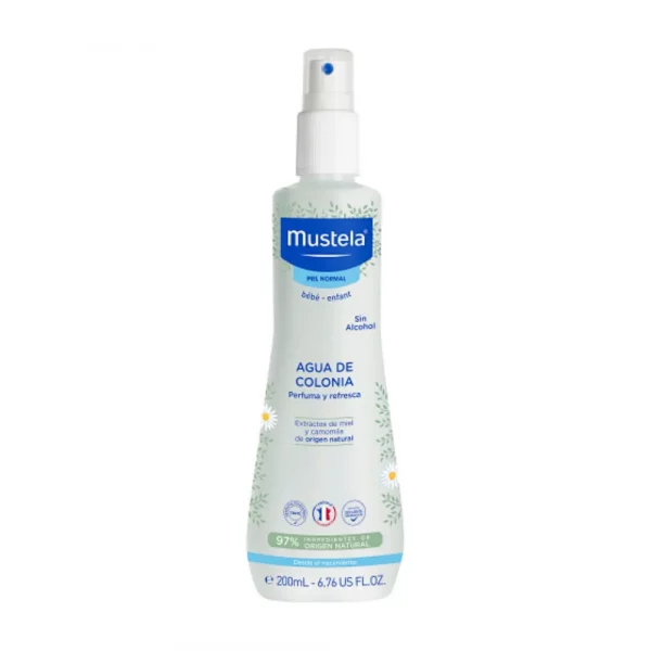 Frasco 200ml Mustela Agua de Colonia sin alcohol transparente con vaporizador azul.
