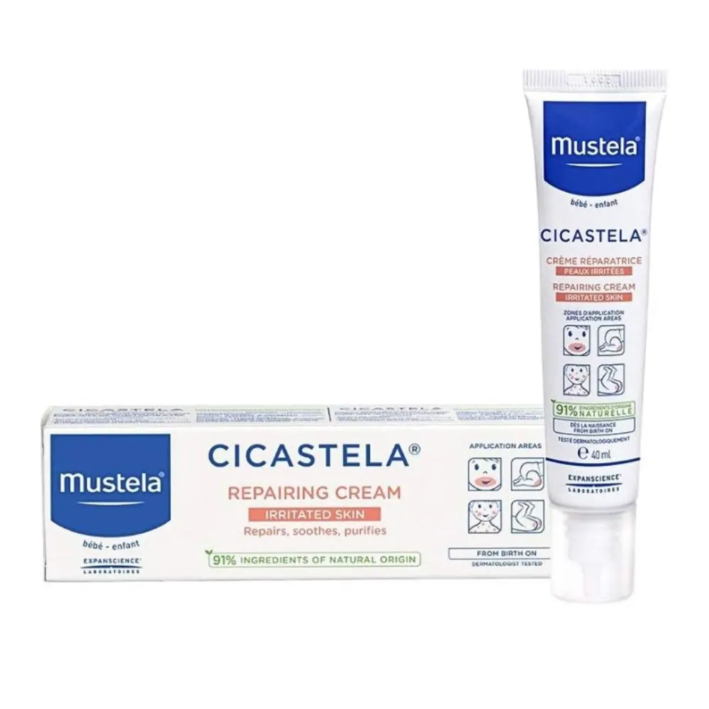 Tubo de 40ml Mustela Cicastela blanco con detalles en azul y naranja y boquilla fina.