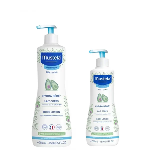 Gama Mustela Hydra Bébé leche corporal hidratante con aguacate orgánico formatos 500ml y 750ml.