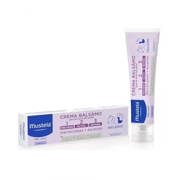 Mustela Crema Bálsamo 1+2+3 de 100ml con su caja y tubo en tonos blanco y violeta.