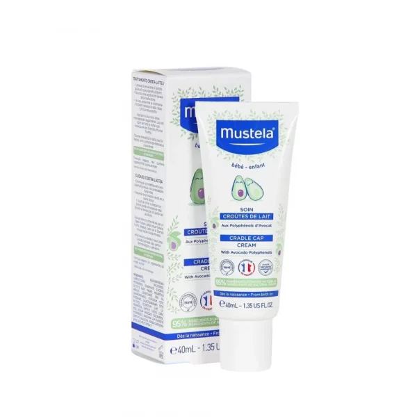 Tubo de 40ml Mustela Cuidado Costra Láctea blanco con detalles en azul y morado suave.