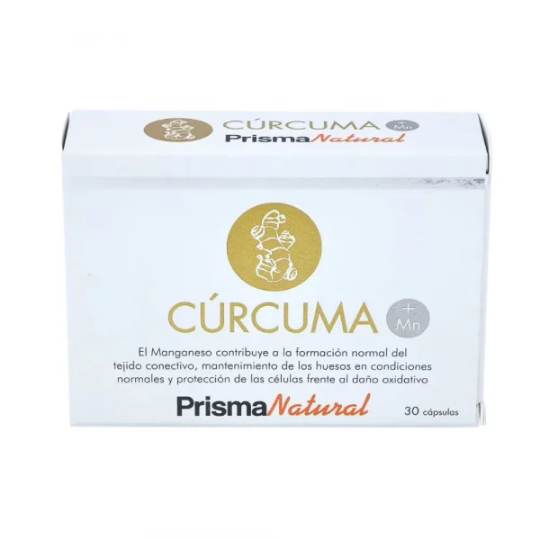 Bote de Cúrcuma + Magnesio Prisma Natural 30 cápsulas, packaging blanco y naranja.