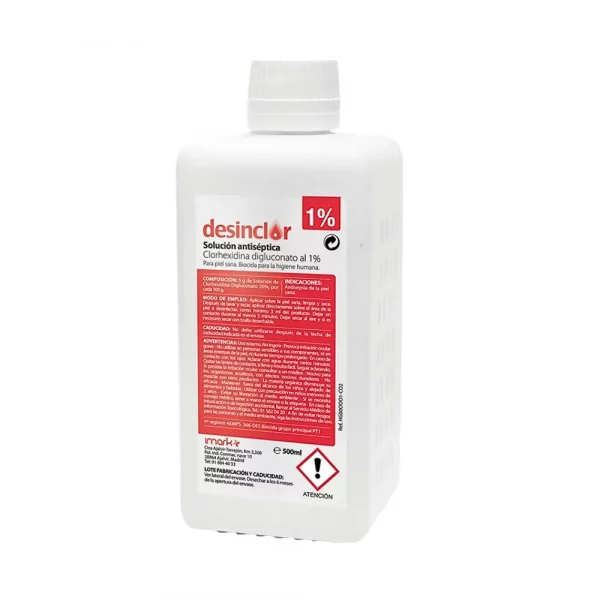 Envase de 500ml de Clorhexidina 1% Coloreada de Imark con etiqueta roja y blanca.