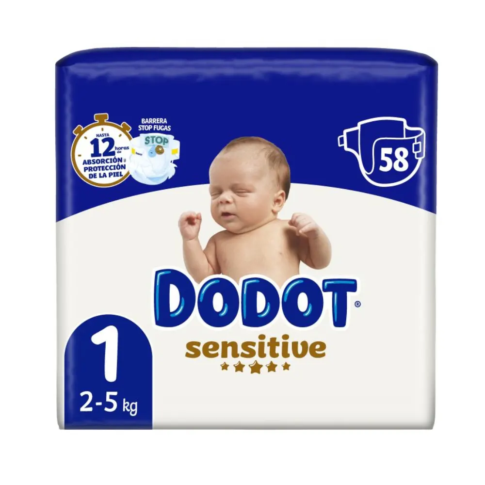Paquete de pañales Dodot Sensitive Talla 1 con 58 unidades para recién nacido.