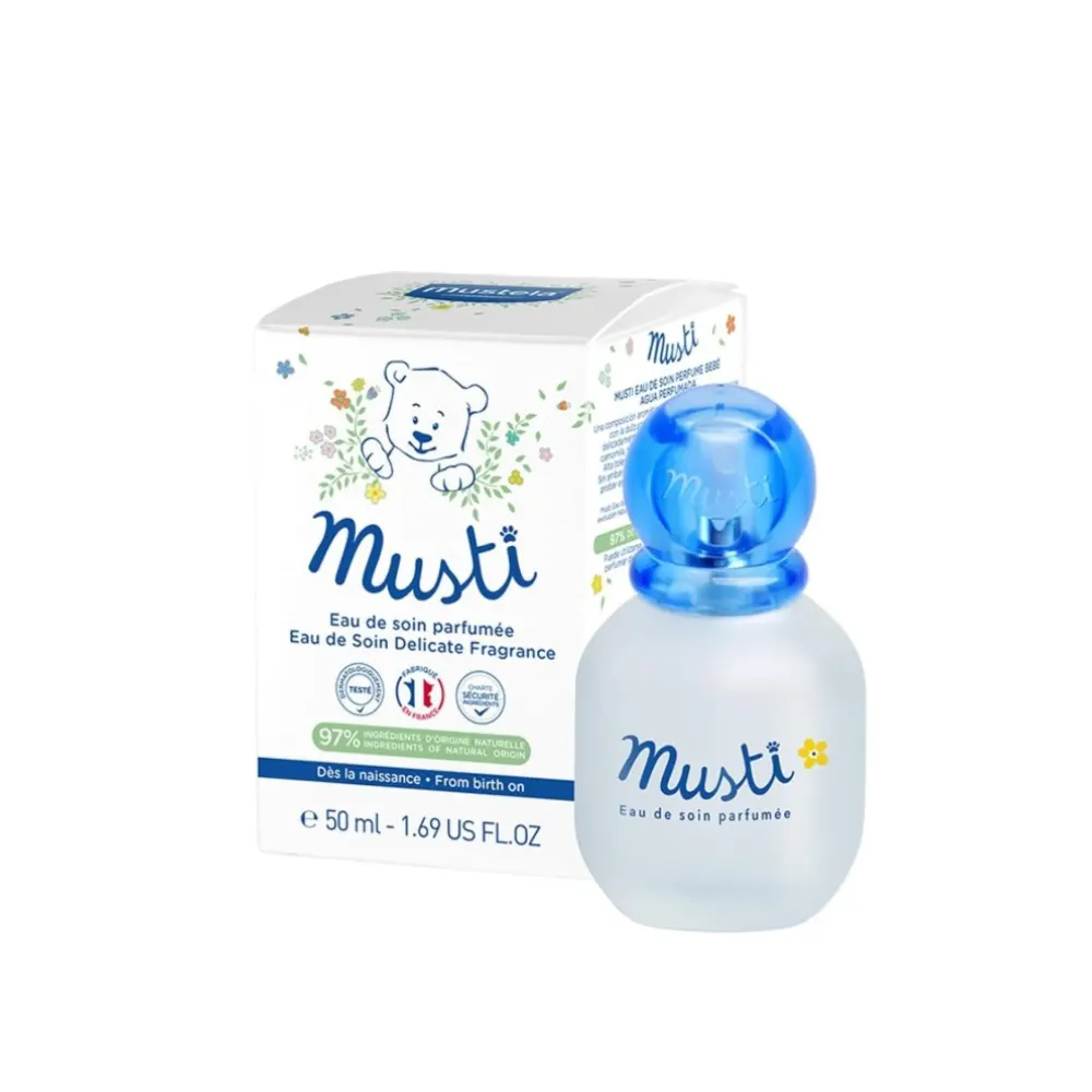 Frasco de vidrio 50ml Mustela Eau de Soin Parfumée transparente con tapón azul.