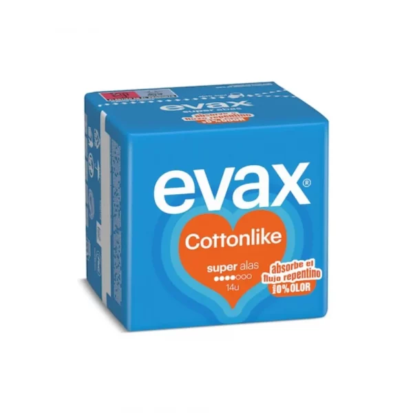 Pack de compresas Evax Cottonlike Alas Súper de 14 unidades en color naranja y azul.