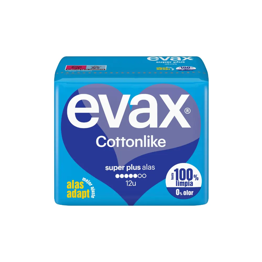 Pack azul de compresas Evax Cottonlike Alas Súper Plus de 12 unidades
