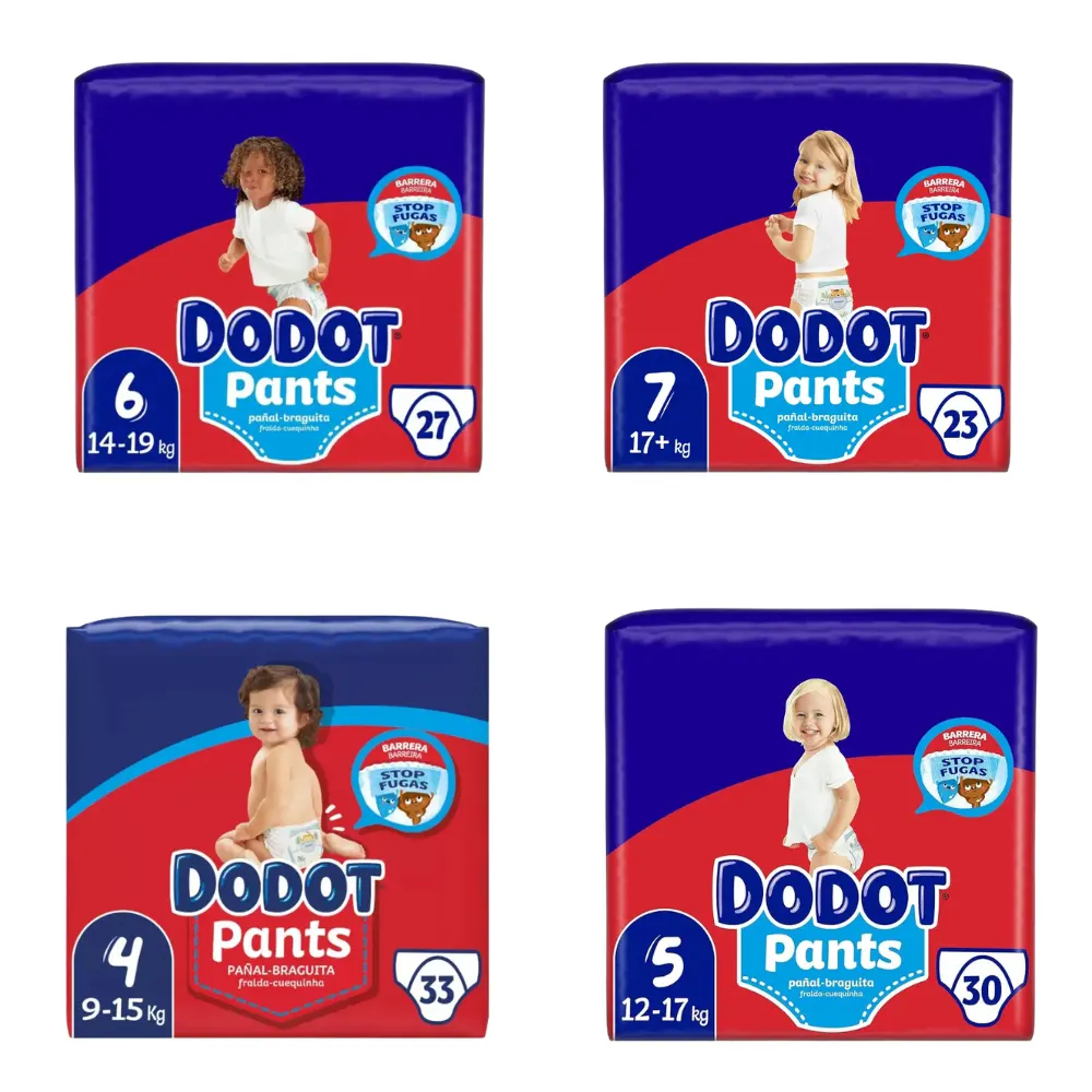 Colección de packs Dodot Pants Bebé Seco Tallas 4, 5, 6 y 7 en color azul con diseño de ajuste 360°.