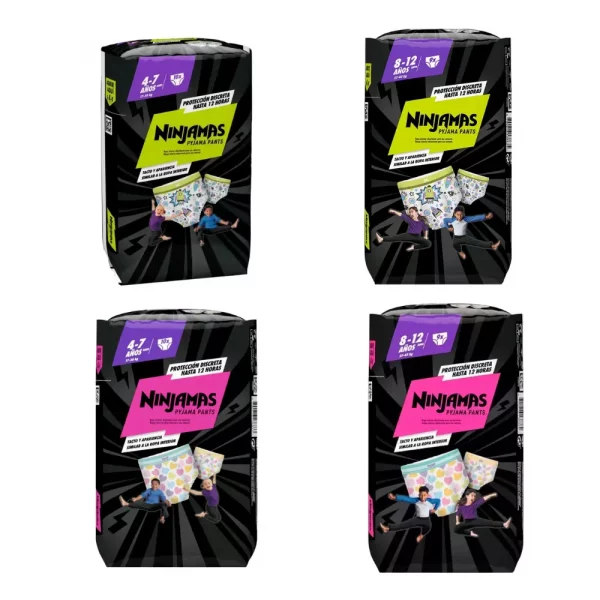 Gama Dodot NinjaMas Talla 7 y Talla 8 con diseños de cohete azul y corazones rosas.