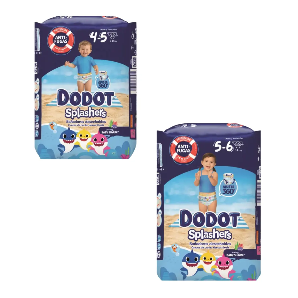 Packs de pañales bañadores Dodot Splashers Talla 4-5 y 5-6 con dibujos de animales marinos.