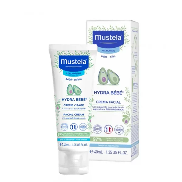 Tubo de crema facial Mustela Hydra Bébé 40ml blanco y azul con aguacate.