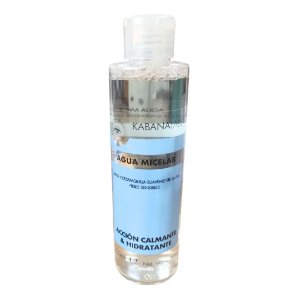 Bote transparente de Agua Micelar Kabanalabs 200ml con etiqueta azul claro para pieles sensibles.