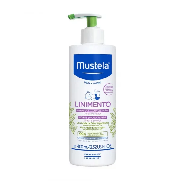Botella 400ml Mustela Linimento blanca y amarilla con dosificador y diseño de aceitunas.