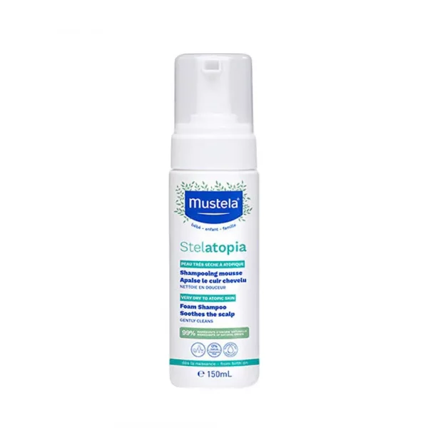 Envase 150ml Mustela Stelatopia Champú Espuma blanco con detalles verdes y dosificador.