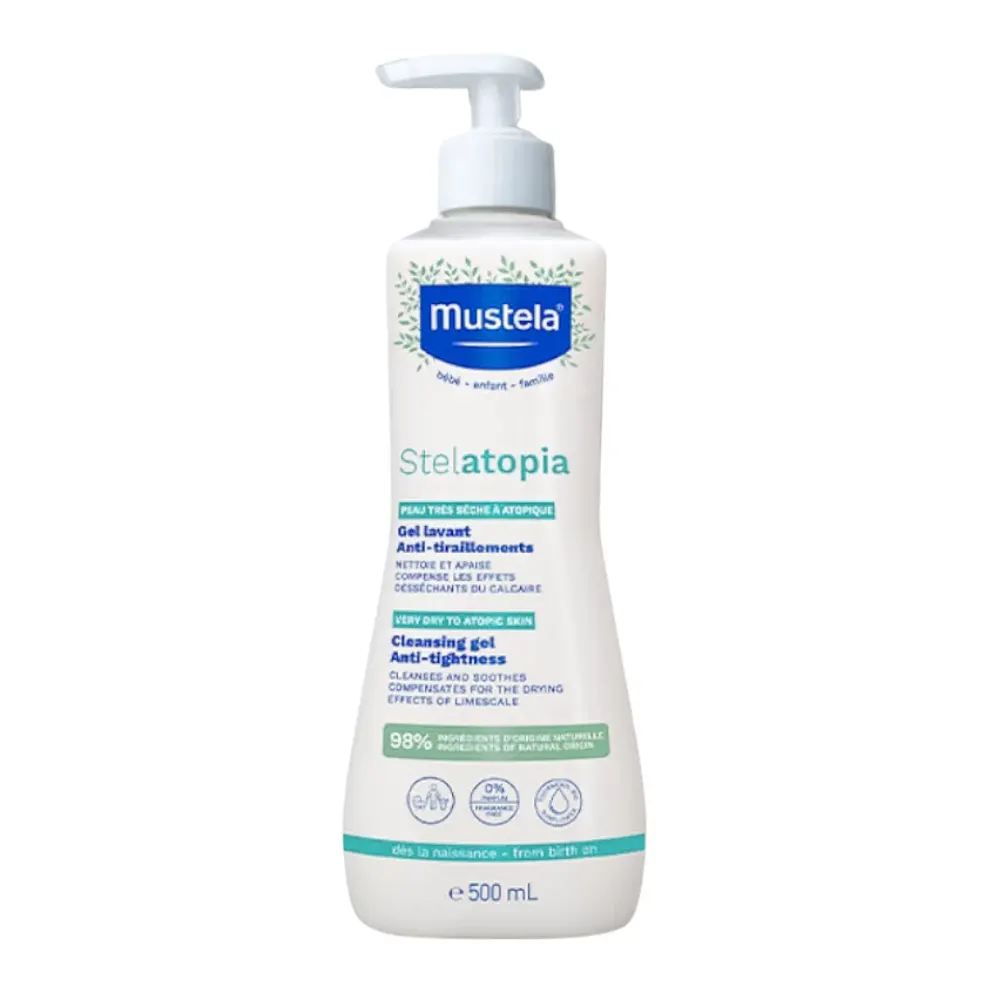 Botella 500ml Mustela Stelatopia Gel de Baño dosificador blanco y detalles verdes.